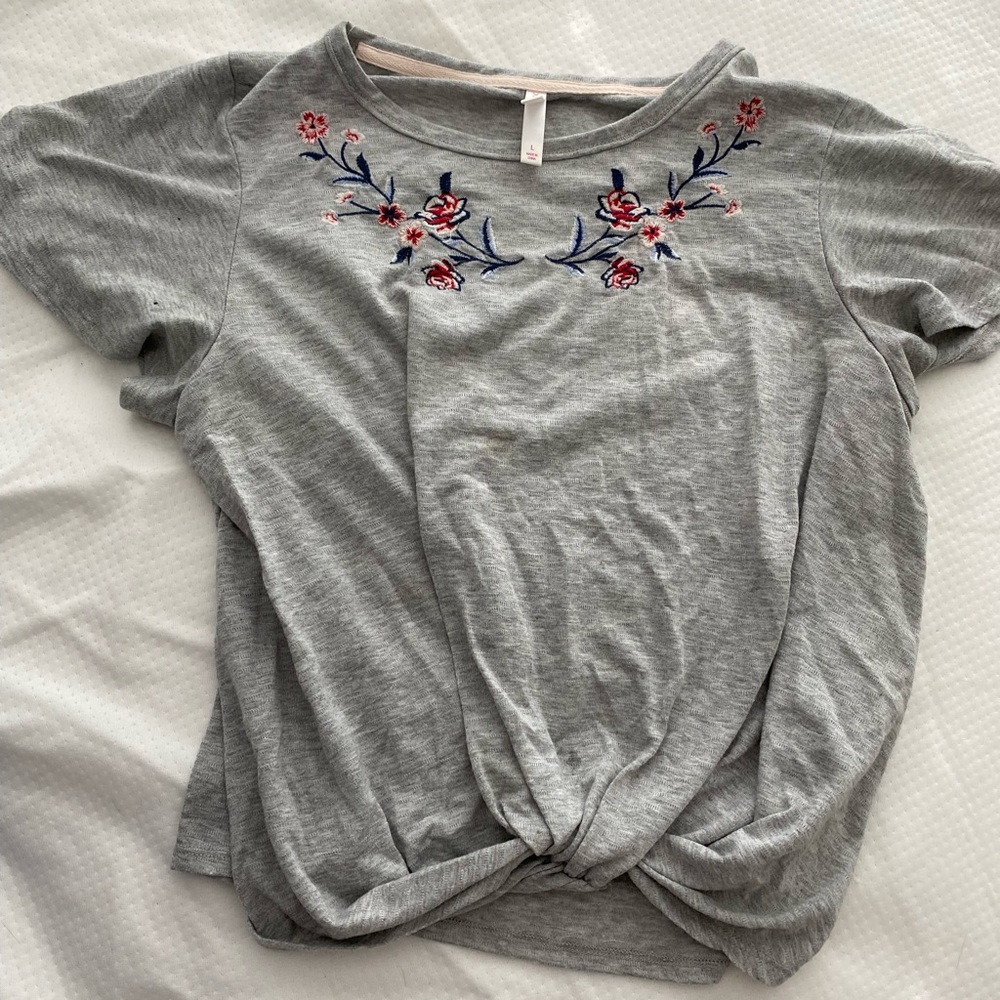 Gray tie front shirt with floral detail